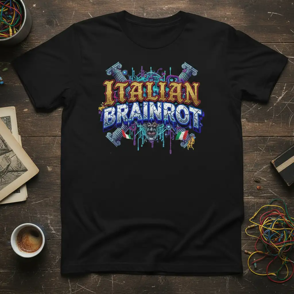 ITALIAN BRAINROT text graphic featuring Italian flags and ancient columns on a black tee