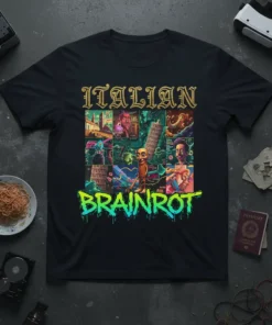 Black t-shirt featuring the text "ITALIAN BRAINROT" in bold, colorful lettering with a collage of surreal Italian-themed graphics
