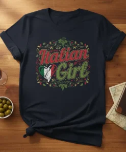 Italian Girl t-shirt design with a distressed Italian flag heart and decorative vine border