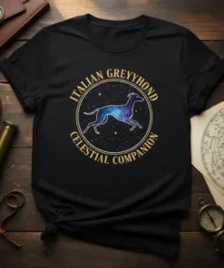 Italian Greyhound Celestial Companion T-Shirt featuring a galaxy-filled dog silhouette surrounded by stars