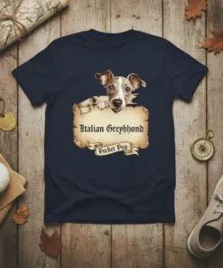 Italian Greyhound Pocket Pup t-shirt design featuring a cute greyhound peeking over a scroll with text