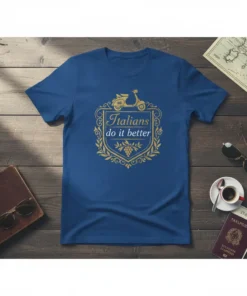 Italians do it better text on a blue t-shirt with a gold crest featuring a scooter and grapes