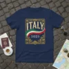 Navy t-shirt with "ITALY 2025" text and Italian flag colors in a decorative golden frame