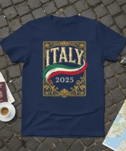 Navy t-shirt with "ITALY 2025" text and Italian flag colors in a decorative golden frame
