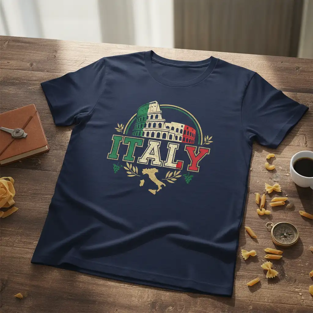 Vintage Italy Colosseum t-shirt design with Italian flag and country outline for travel enthusiasts