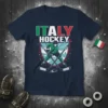 Italy Hockey text with Italian flag colors and hockey player graphic on a navy blue t-shirt