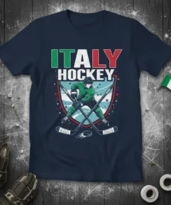 Italy Hockey text with Italian flag colors and hockey player graphic on a navy blue t-shirt