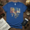 Italy Is Calling and I Must Go quote on a blue t-shirt with illustrations of Italian landmarks and a map