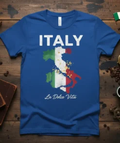 Italy La Dolce Vita t-shirt with Italian flag map design and elegant script text