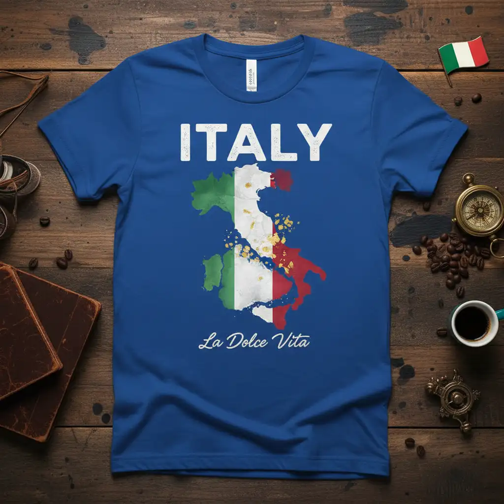 Italy La Dolce Vita t-shirt design featuring the country map in Italian flag colors and script text