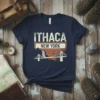Navy blue t-shirt with "Ithaca New York" text and a bridge graphic, representing travel and local pride