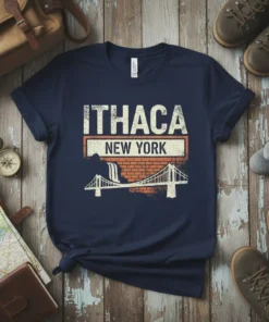 Navy blue t-shirt with "Ithaca New York" text and a bridge graphic, representing travel and local pride