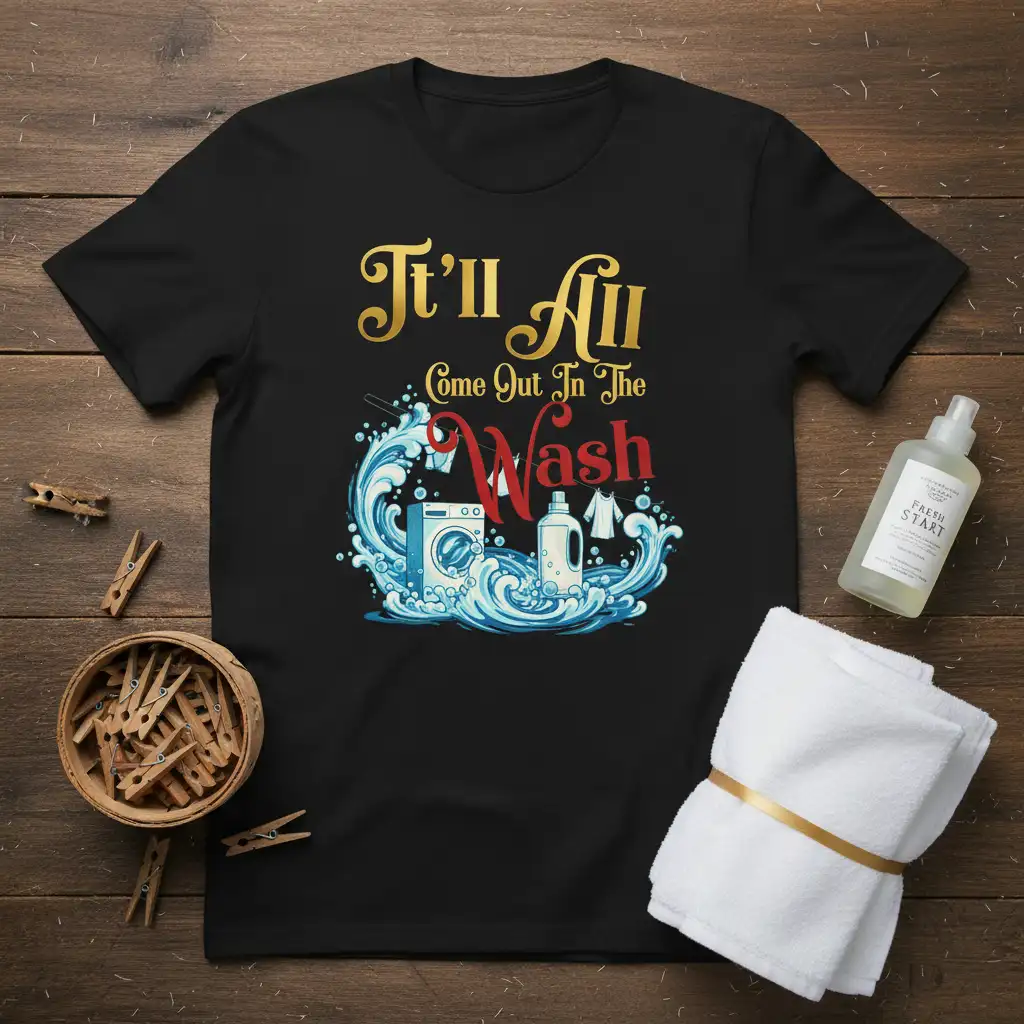 It'll All Come Out In The Wash quote design with washing machine, detergent, and clothes on a line graphic