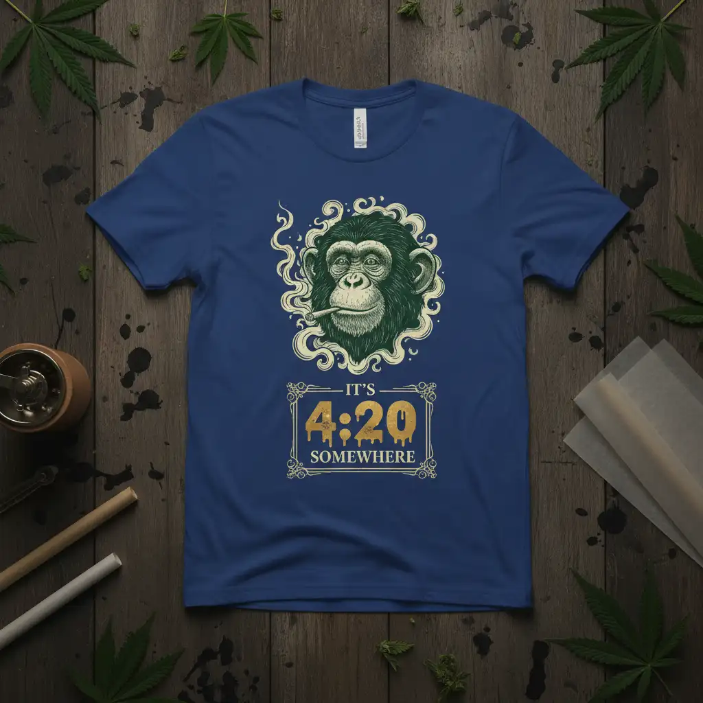 It's 4:20 Somewhere quote with a chimpanzee smoking and ornate frame on a t-shirt