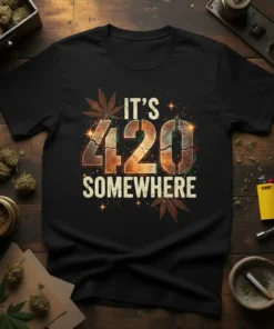 IT'S 420 SOMEWHERE text with cannabis leaf graphics on a black t-shirt