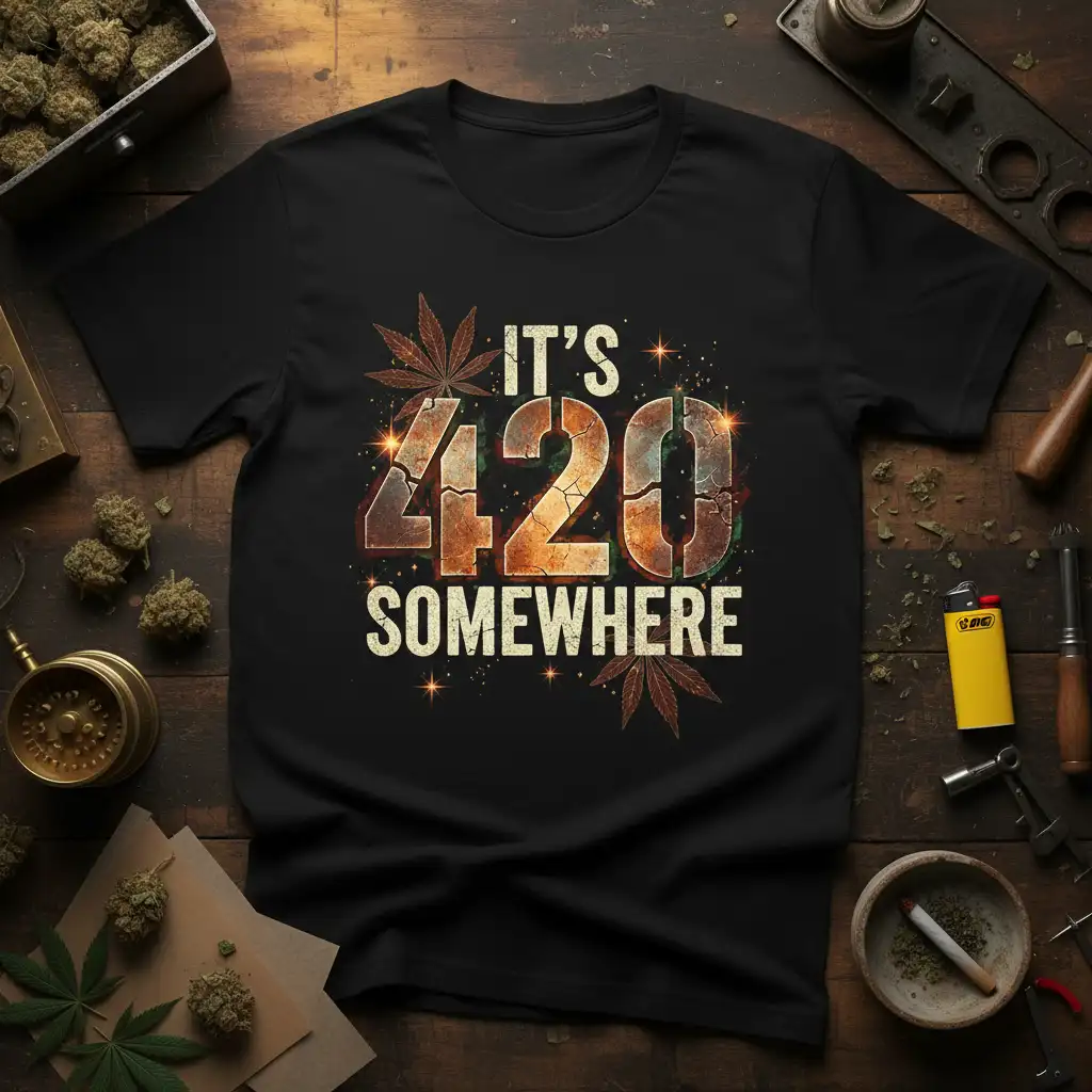 IT'S 420 SOMEWHERE bold distressed text with cannabis leaves on a black tee