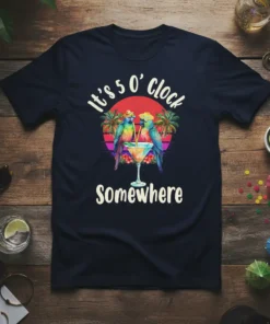It's 5 O' Clock Somewhere t-shirt design with two parrots drinking a cocktail under palm trees and a sunset