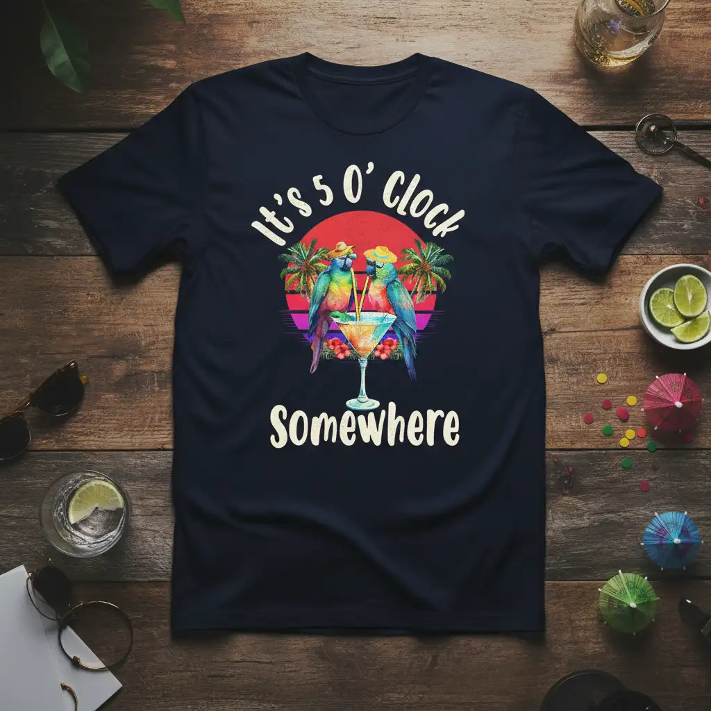 It's 5 O' Clock Somewhere quote with parrots enjoying a cocktail, set against a tropical sunset graphic