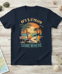 It's 5 O'Clock SOMEWHERE beach scene t-shirt with palm trees, ocean, and cocktail graphic