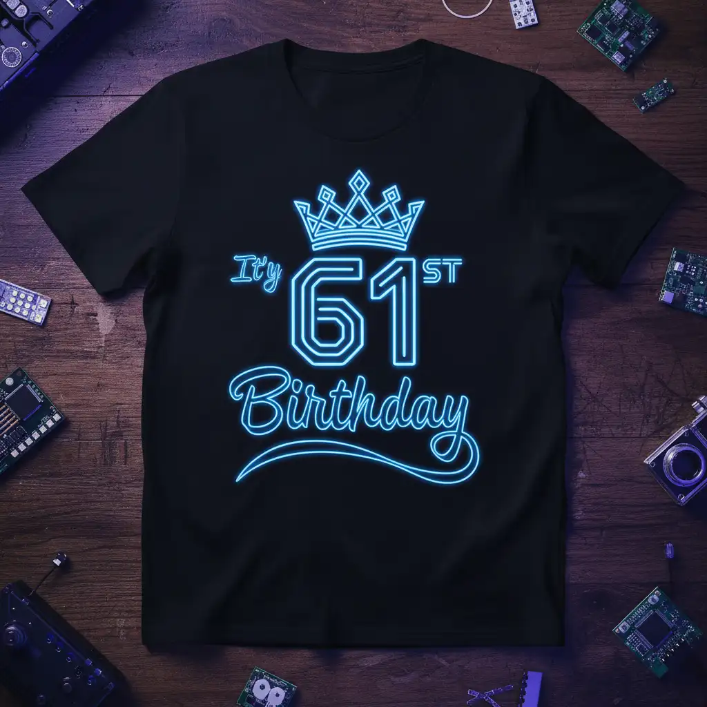 It's 61st Birthday neon graphic t-shirt with a glowing crown design, ideal for celebrations