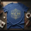 It's About Madam Time quote in vintage art deco style on a royal blue t-shirt