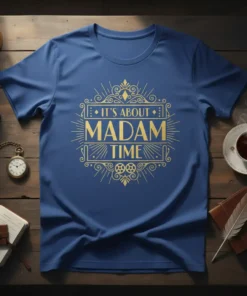 It's About Madam Time quote in vintage art deco style on a royal blue t-shirt