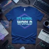 It's Accrual World text design with neon outline on a blue t-shirt, perfect for accountants and finance professionals