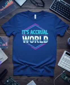 It's Accrual World text design with neon outline on a blue t-shirt, perfect for accountants and finance professionals