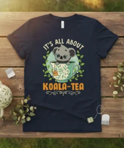 Cute koala peeking out of a teacup with "It's All About Koala-Tea" text, navy t-shirt design