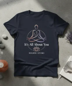 It's All About You Holistic Studio design with a meditating figure and lotus flower on a navy t-shirt
