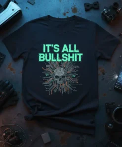Black t-shirt with "IT'S ALL BULLSHIT" in neon green text above a detailed tech skull and circuit board graphic