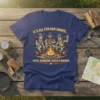 Funny camping t-shirt with the quote "It's All Fun And Games... Until Someone Loses A Wiener" and cartoon campers around