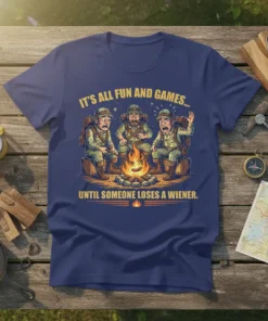 Funny camping t-shirt with the quote "It's All Fun And Games... Until Someone Loses A Wiener" and cartoon campers around
