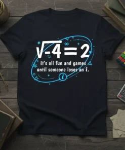 Math humor t-shirt with the quote "It's all fun and games until someone loses an i" and a math equation