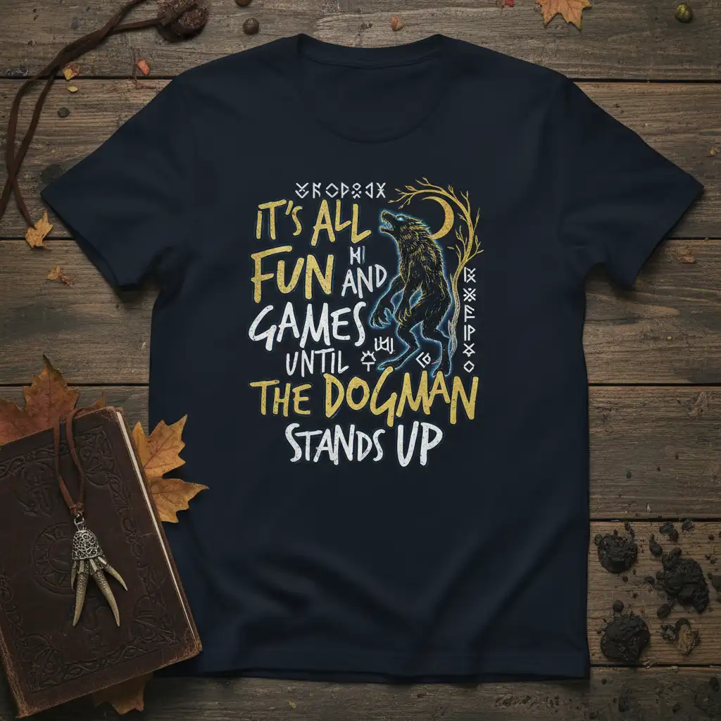 IT'S ALL FUN AND GAMES UNTIL THE DOGMAN STANDS UP quote with a mythical dogman creature graphic and Nordic runes