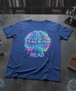 Blue t-shirt with "It's All In Your Head" text and a neon circuit board brain graphic