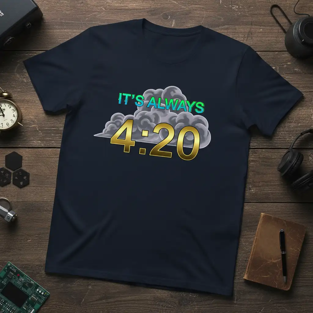 IT'S ALWAYS 4:20 text design with golden numbers and cloud graphics on a t-shirt