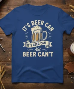 It's Beer Can Not Beer Can't funny quote t-shirt with a graphic of a frothy beer mug and vintage ribbon