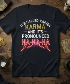 T-shirt featuring the quote "IT'S CALLED KARMA KARMA AND IT'S PRONOUNCED HA-HA-HA" in white, gold, and neon red text with