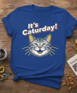 It's Caturday! quote with a smiling cat face graphic on a blue t-shirt