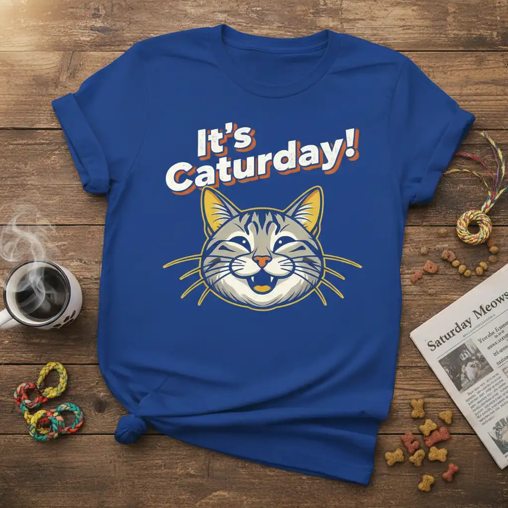 It's Caturday! playful quote with a happy cat graphic on a comfortable blue t-shirt