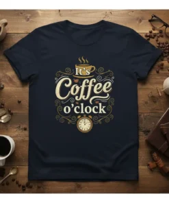 It's Coffee o'clock quote in decorative typography on a navy t-shirt, featuring a coffee cup and alarm clock graphic