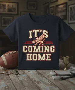 Navy blue t-shirt with "IT'S COMING HOME" text and a griffin holding a soccer ball graphic