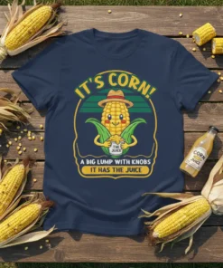 It's Corn! A Big Lump With Knobs It Has The Juice t-shirt design featuring a smiling corn character holding a