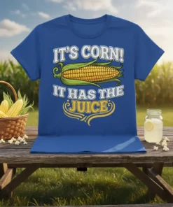 Blue t-shirt with "It's Corn! It Has The Juice" text and an illustration of a corn cob