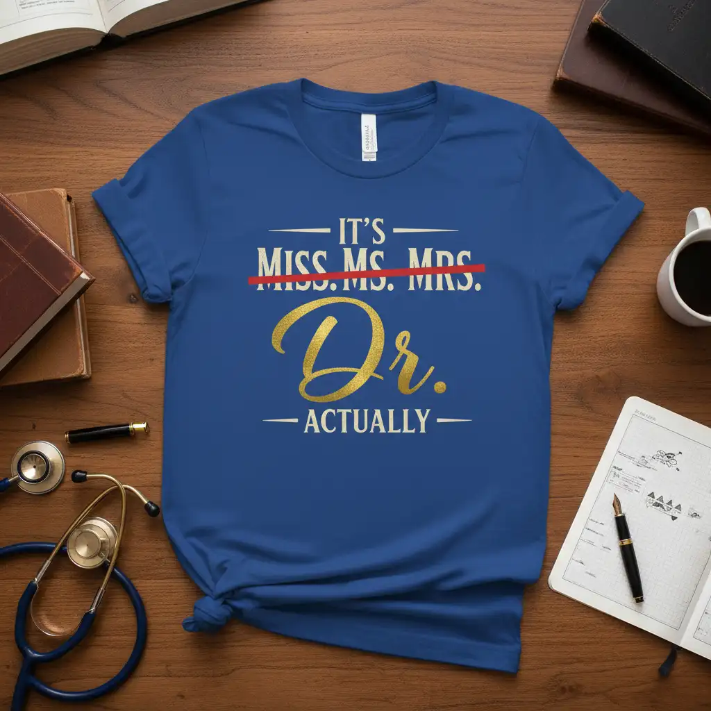 IT'S MISS. MS. MRS. DR. ACTUALLY creative illustration printed on breathable fabric creating a standout t-shirt