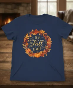 It's Fall y'all text inside an autumn leaf and pumpkin wreath design on a navy blue t-shirt