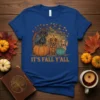 It's Fall Y'all text with three dachshunds sitting on pumpkins under a fall tree graphic