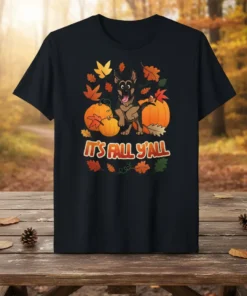 German Shepherd dog surrounded by pumpkins and autumn leaves with "It's Fall Y'all" text on a black t-shirt