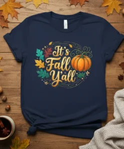 It's Fall Y'all text with a pumpkin and autumn leaves graphic on a navy t-shirt